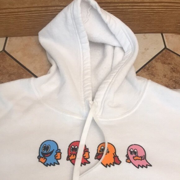 Pac-Man video game graphic design white pullover hoodie size large - Picture 5 of 12